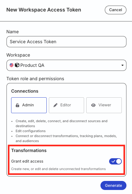 workspace-level Service Access Token with Transformations Admin permission
