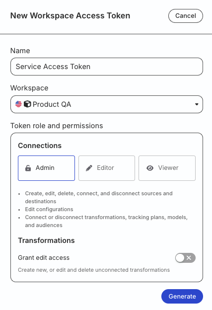 workspace-level Service Access Token with Admin permission