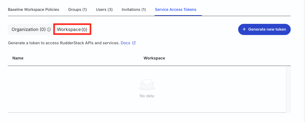 Workspace tab in Service Access Tokens section