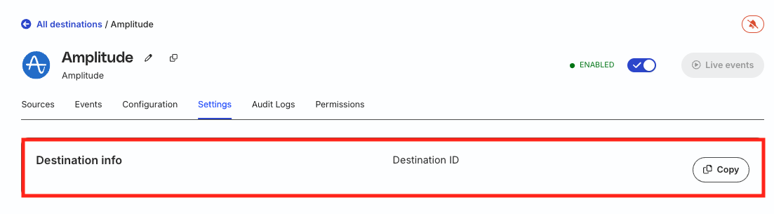 Destination ID in RudderStack dashboard