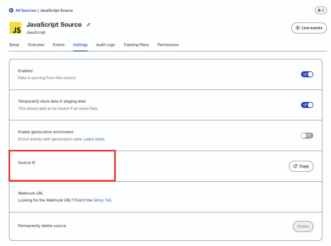 Source ID in RudderStack dashboard