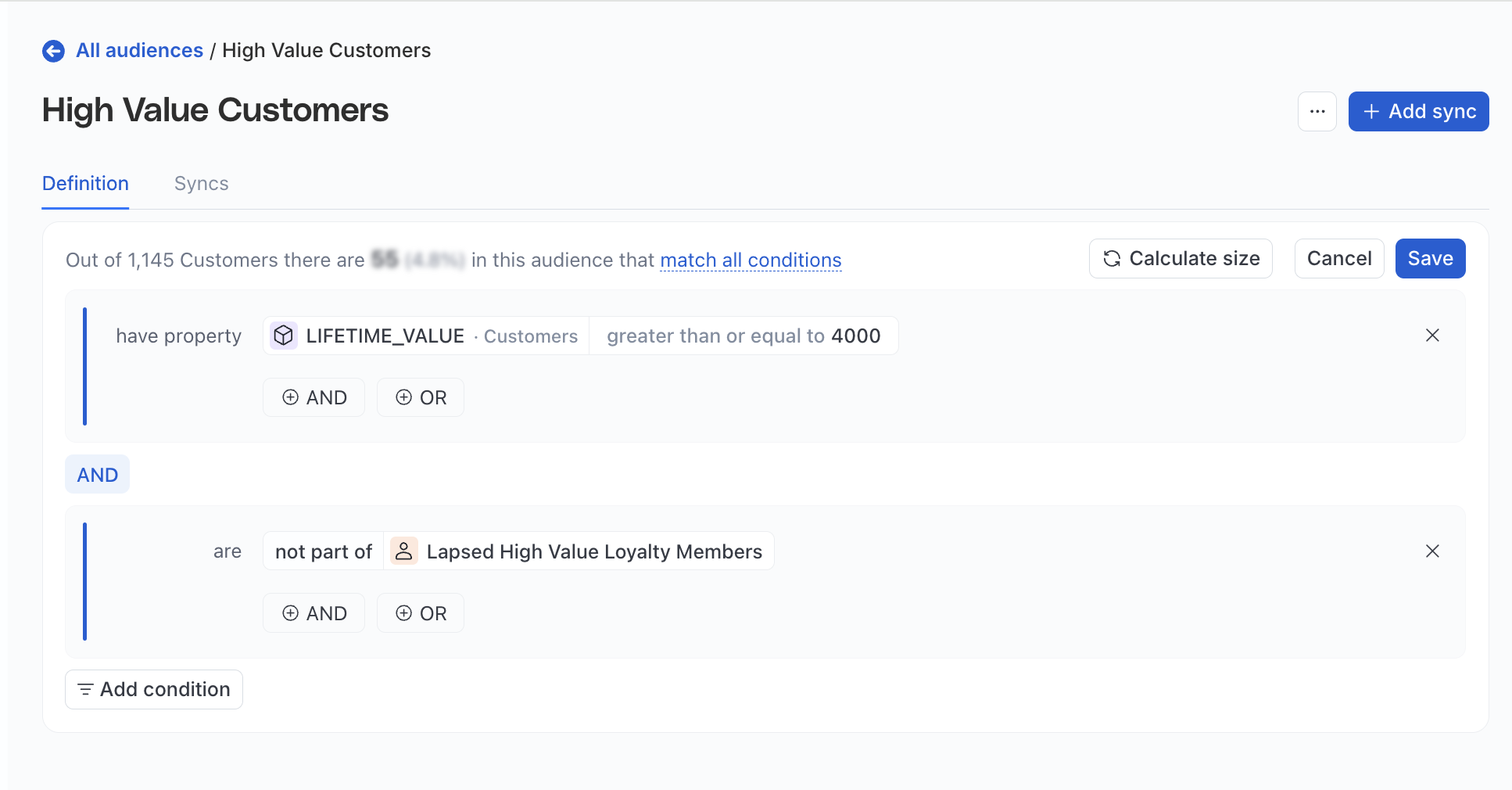 Sample audience: High Value Customers not in the loyalty program