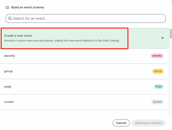 Tracking Plan build schema event options