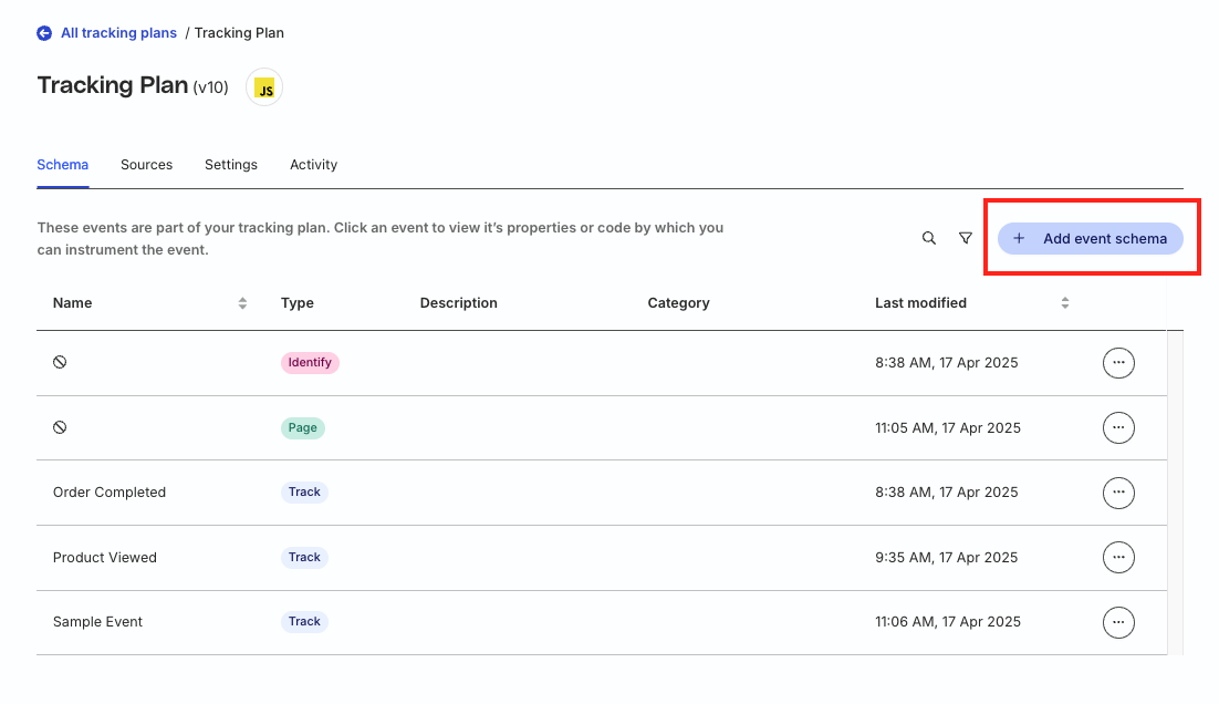 Tracking Plan schema tab