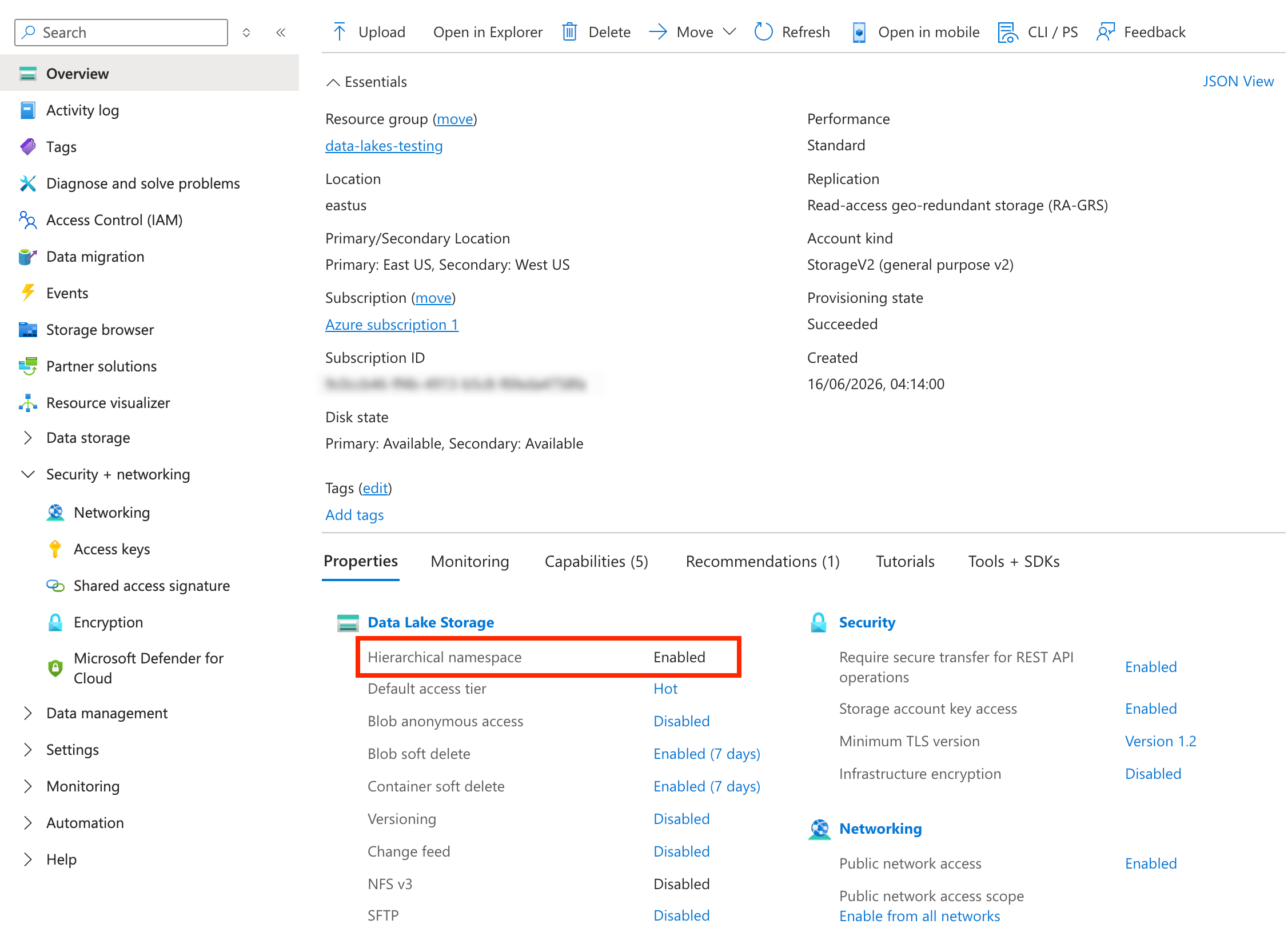 Hierarchical namespace Azure Blob Storage