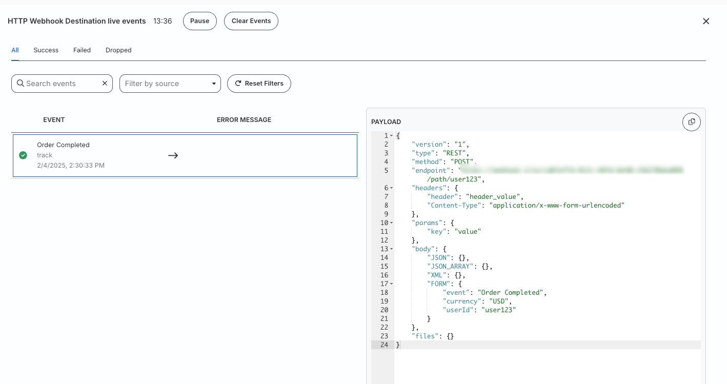 Sample event payload sent to webhook