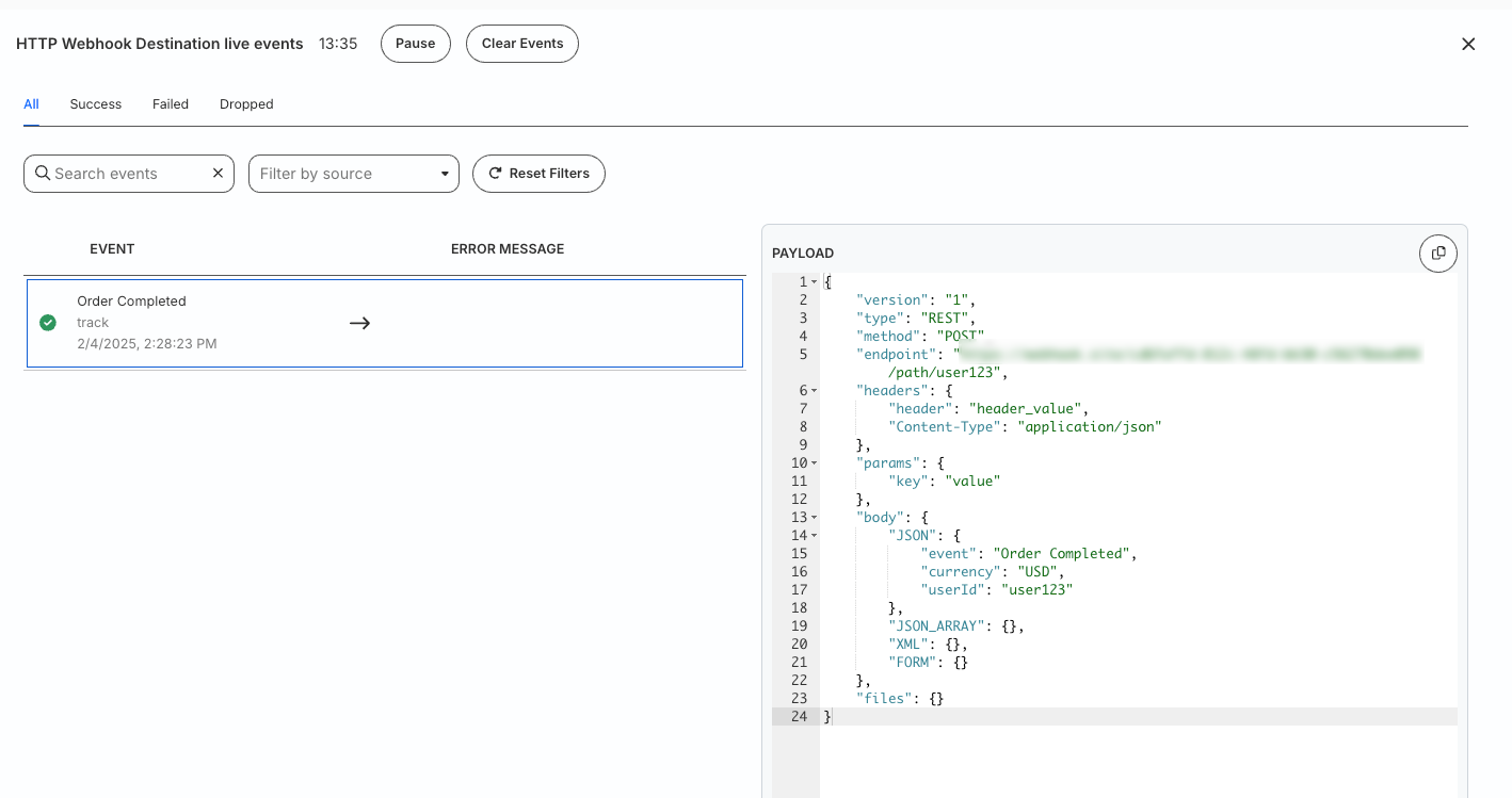 Sample JSON payload sent to webhook