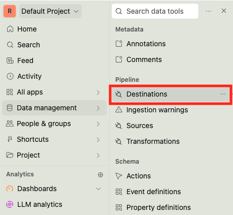 PostHog data management destinations