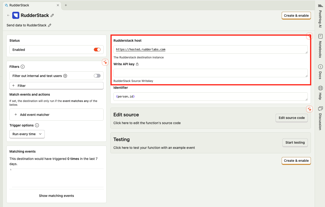RudderStack destination settings in PostHog
