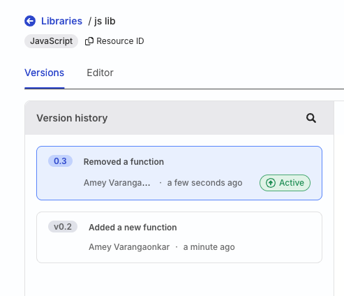 Library version history with Active version