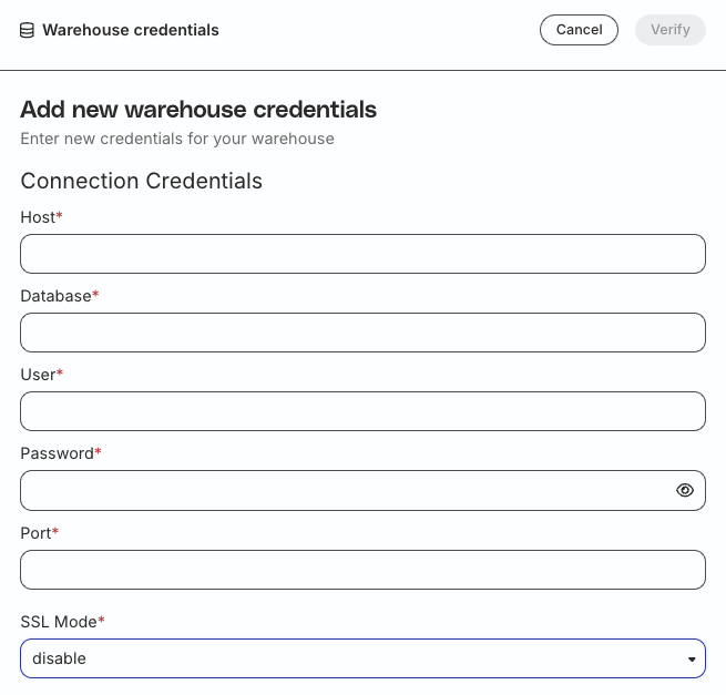 Connection credentials for PostgreSQL source