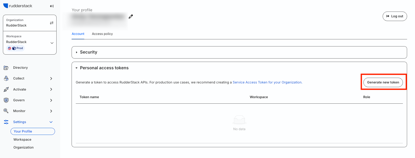 New Personal Access Token in RudderStack dashboard
