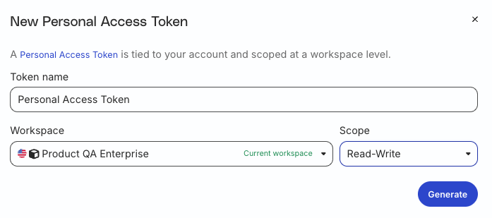 Personal Access Token name and scope